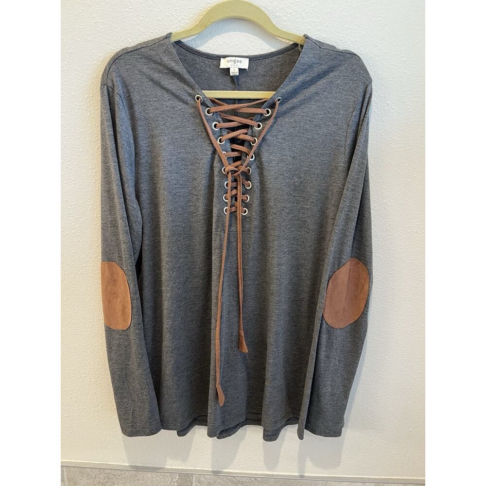 Umgee USA Gray Women’s Top L. Lace-up Front W/Brown Lace-up, elbow patches